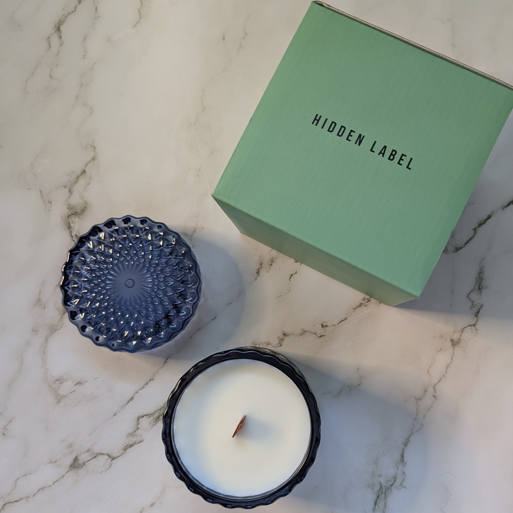 Hidden Label Oud Boom Wood-Wick Candle in Blue Glass